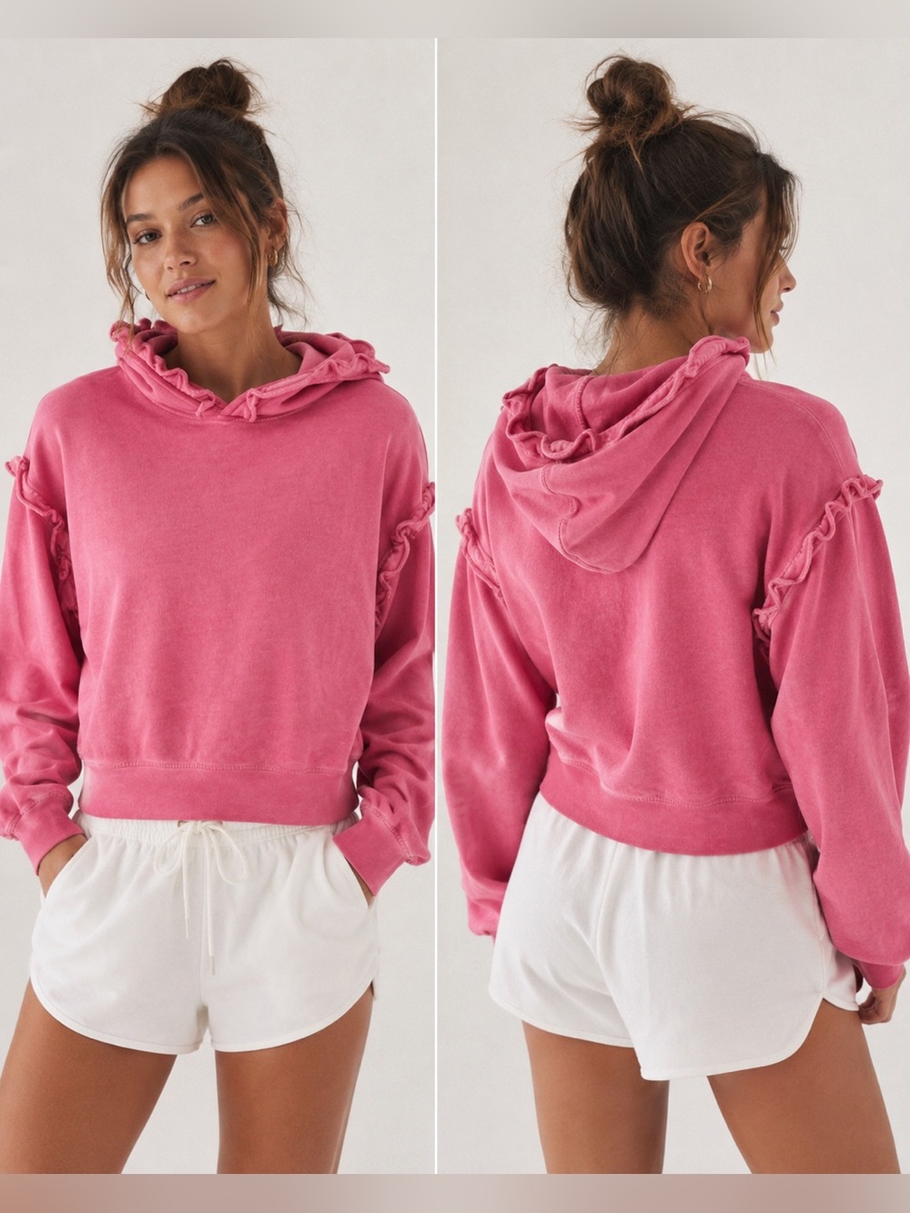 Something Navy-  Pink Ruffle Trim Cropped Hoodie